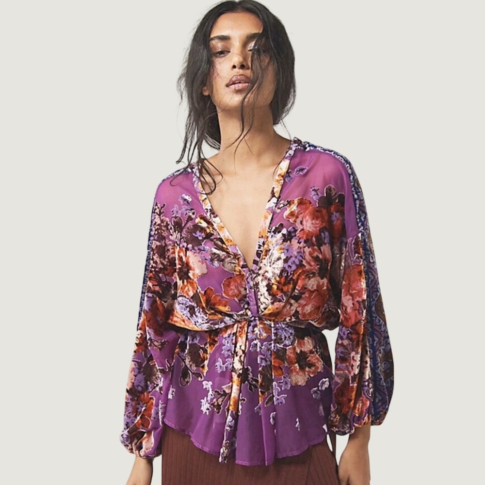 Free People Bonnie Burnout Velvet Floral Peplum Blouse Top Purple Orange Small